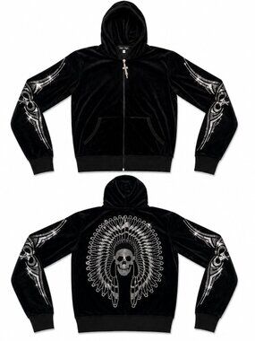 new Y2K SILVER DAGGER *XS* rhinestone SKULL Hoodie black velour NEW